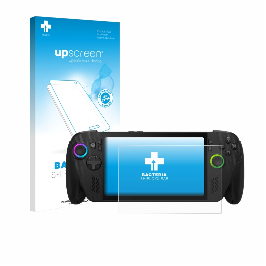 Parte frontal de un envase de producto con el logotipo de la marca upscreen. Al lado se muestra el dispositivo ASUS ROG Xbox A