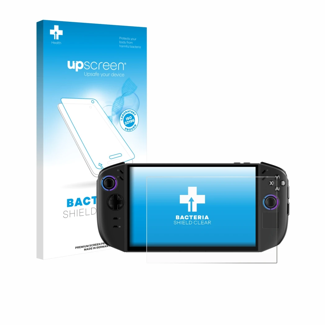 Parte frontal de un envase de producto con el logotipo de la marca upscreen. Al lado se muestra el dispositivo Lenovo Legion G