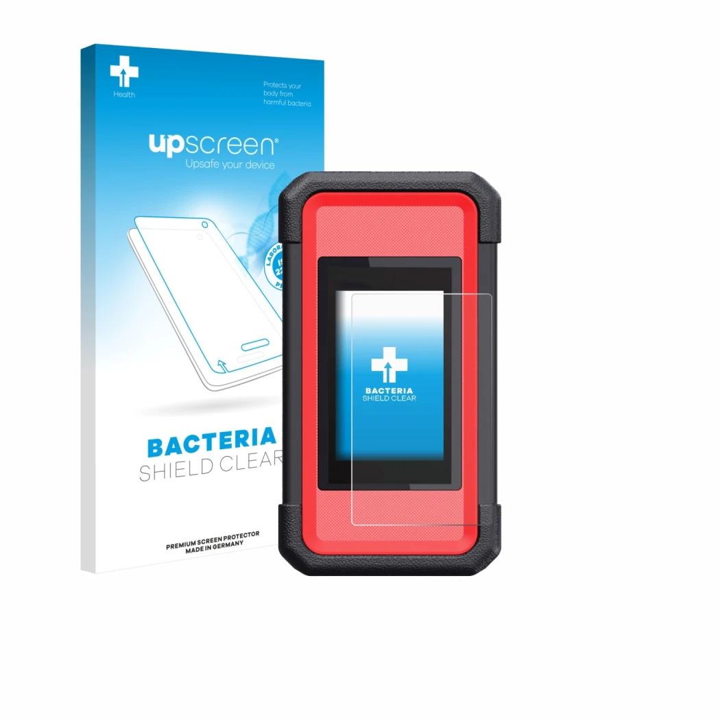Parte frontal de un envase de producto con el logotipo de la marca upscreen. Al lado se muestra el dispositivo Launch X431 Sma