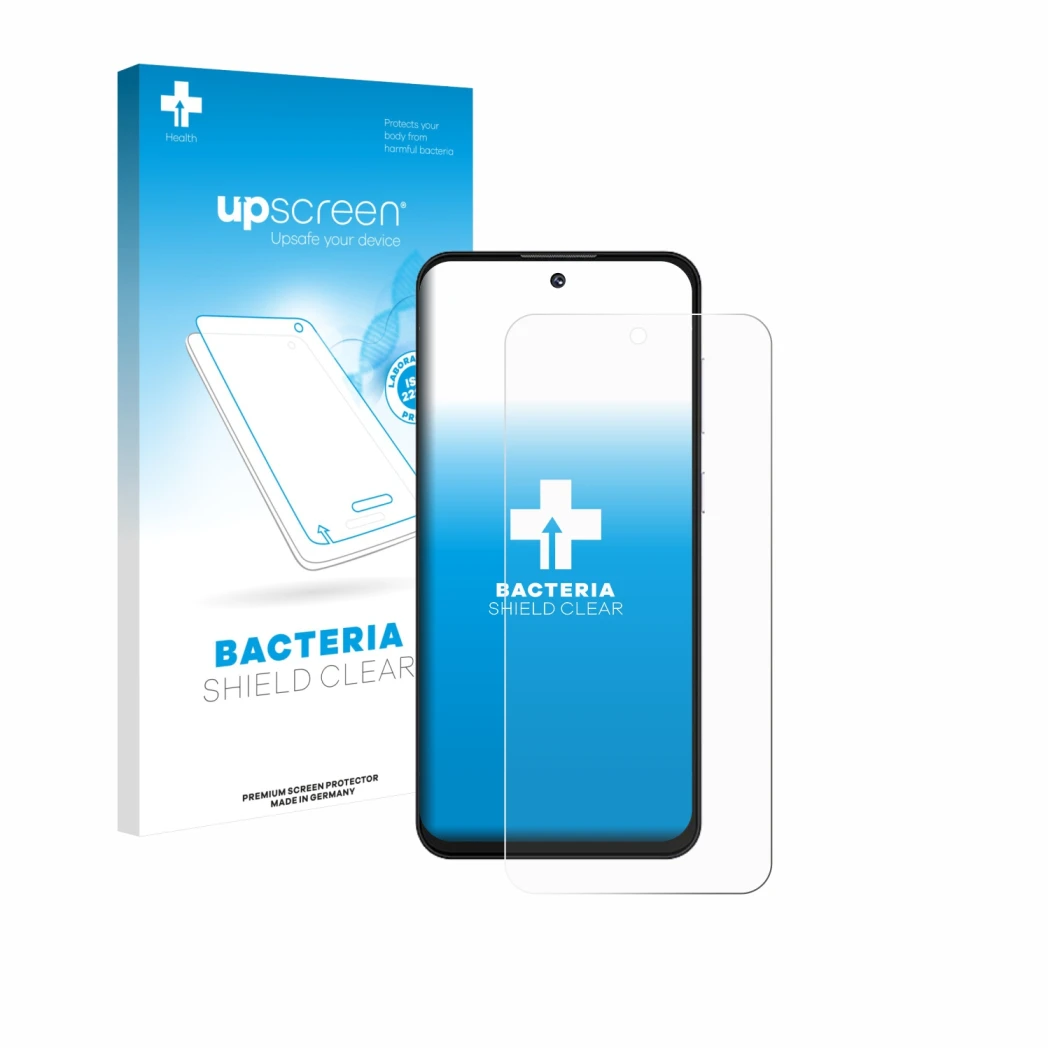 Parte frontal de un envase de producto con el logotipo de la marca upscreen. Al lado se muestra el dispositivo Oukitel C69 con