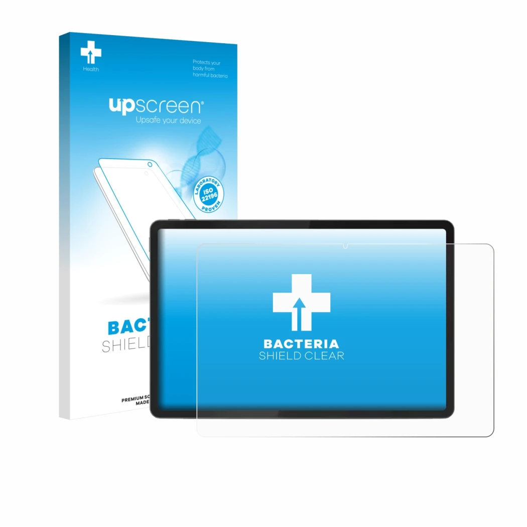 Parte frontal de un envase de producto con el logotipo de la marca upscreen. Al lado se muestra el dispositivo Lenovo Tab K11 