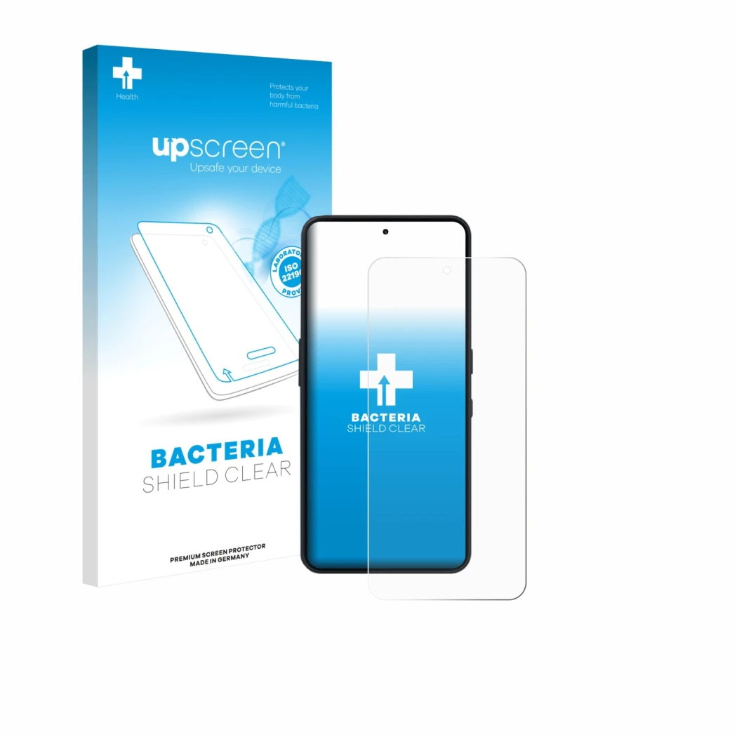 Parte frontal de un envase de producto con el logotipo de la marca upscreen. Al lado se muestra el dispositivo Nothing Phone (