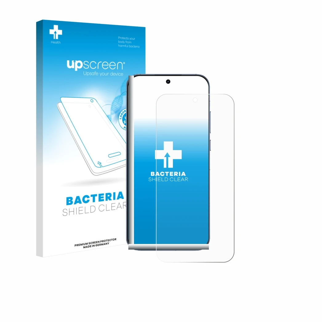 Parte frontal de un envase de producto con el logotipo de la marca upscreen. Al lado se muestra el dispositivo realme GT 8 Pro
