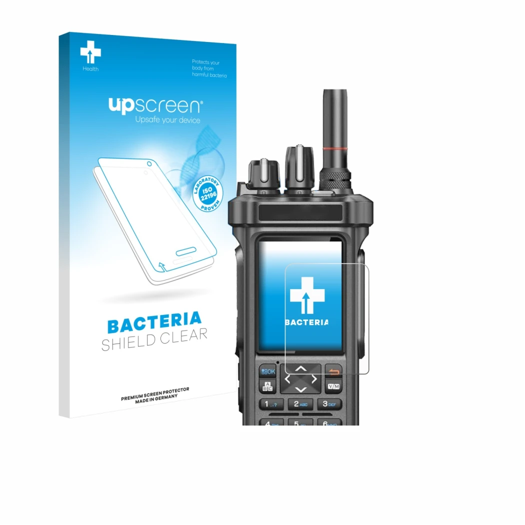 Parte frontal de un envase de producto con el logotipo de la marca upscreen. Al lado se muestra el dispositivo Radtel RT-950 P