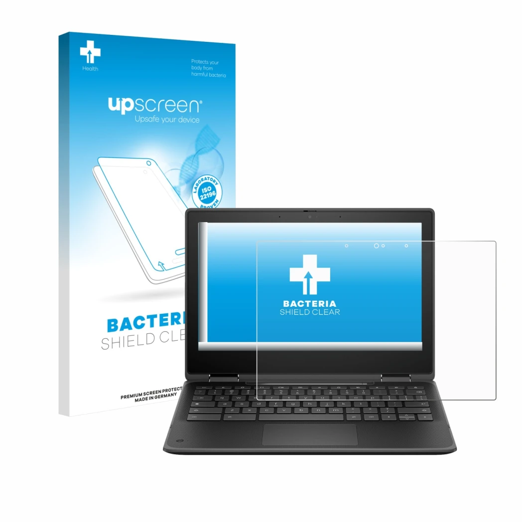Parte frontal de un envase de producto con el logotipo de la marca upscreen. Al lado se muestra el dispositivo HP Fortis Flip 