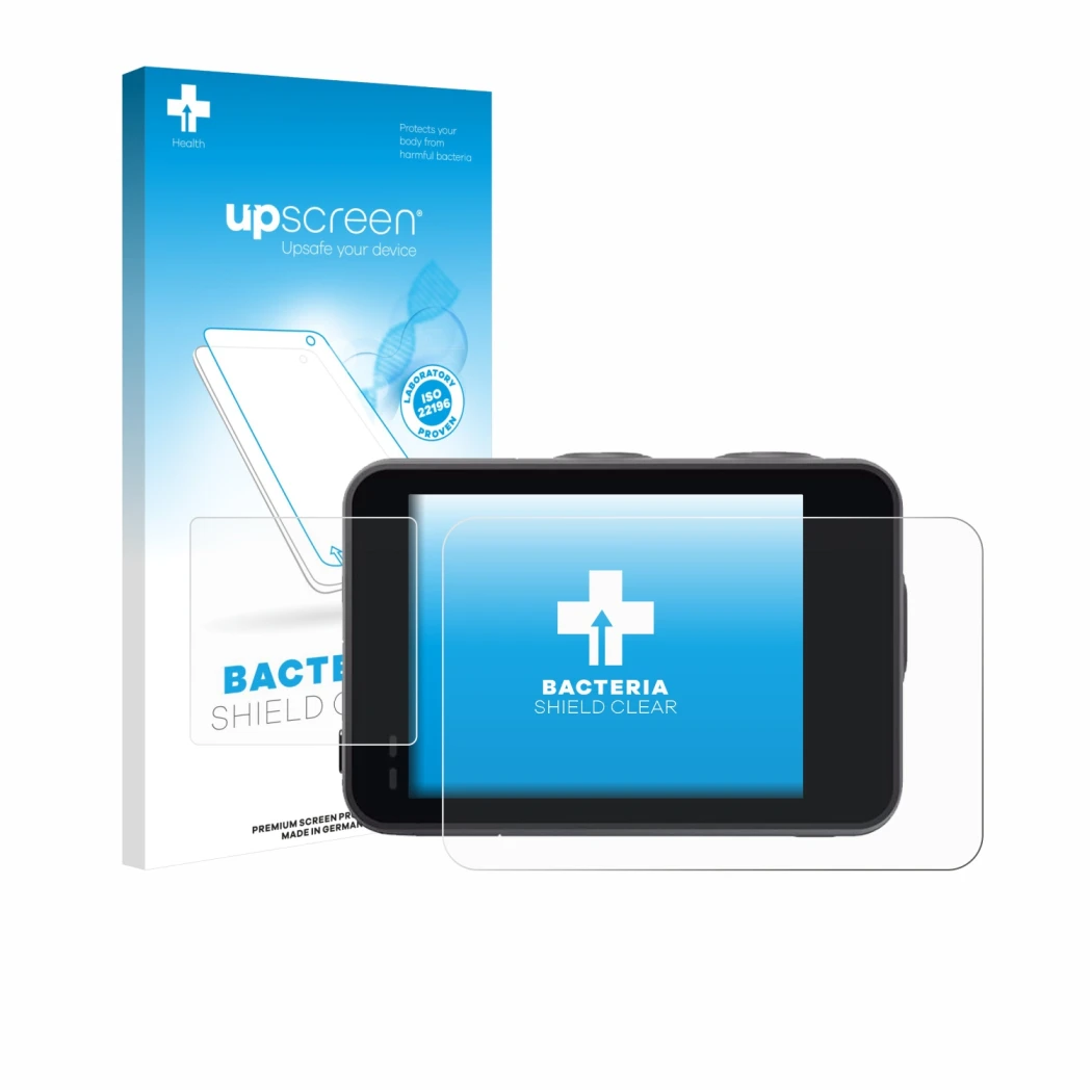 Parte frontal de un envase de producto con el logotipo de la marca upscreen. Al lado se muestra el dispositivo Akaso Brave 7 c