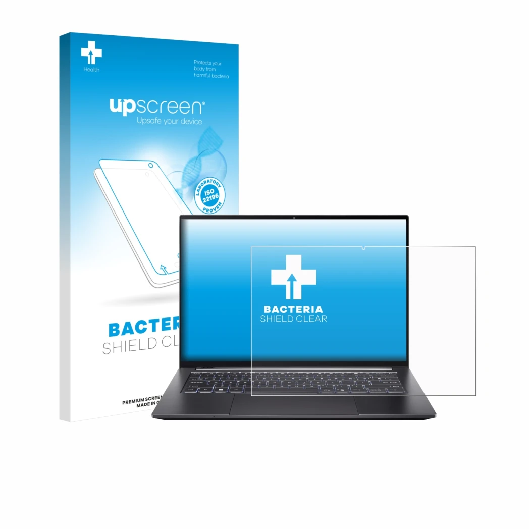 Parte frontal de un envase de producto con el logotipo de la marca upscreen. Al lado se muestra el dispositivo Acer Swift X 14
