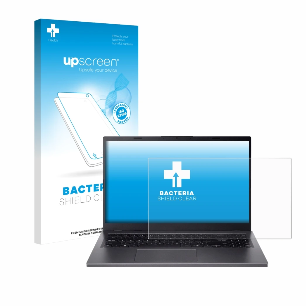Parte frontal de un envase de producto con el logotipo de la marca upscreen. Al lado se muestra el dispositivo Acer Aspire 15 