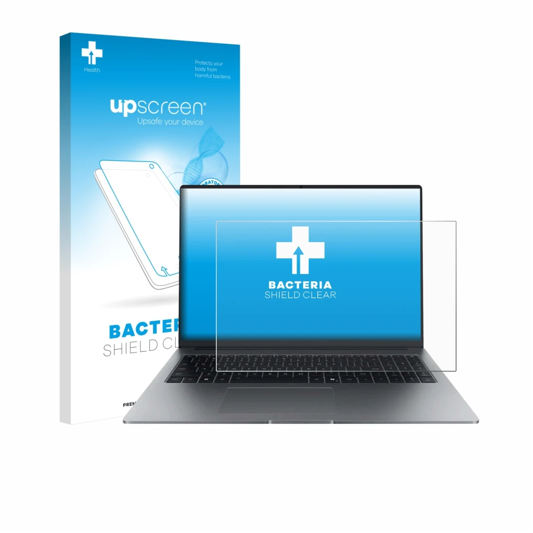 Parte frontal de un envase de producto con el logotipo de la marca upscreen. Al lado se muestra el dispositivo Honor MagicBook