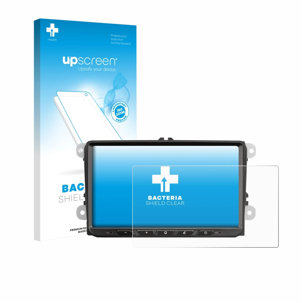 Parte frontal de un envase de producto con el logotipo de la marca upscreen. Al lado se muestra el dispositivo Zenec Z-E2065 c