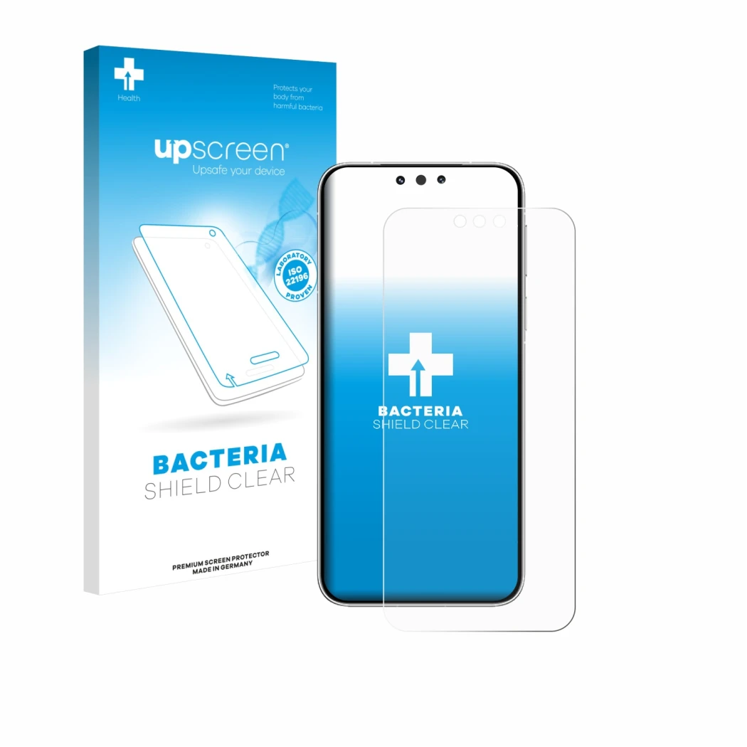 Parte frontal de un envase de producto con el logotipo de la marca upscreen. Al lado se muestra el dispositivo Huawei Mate 80 