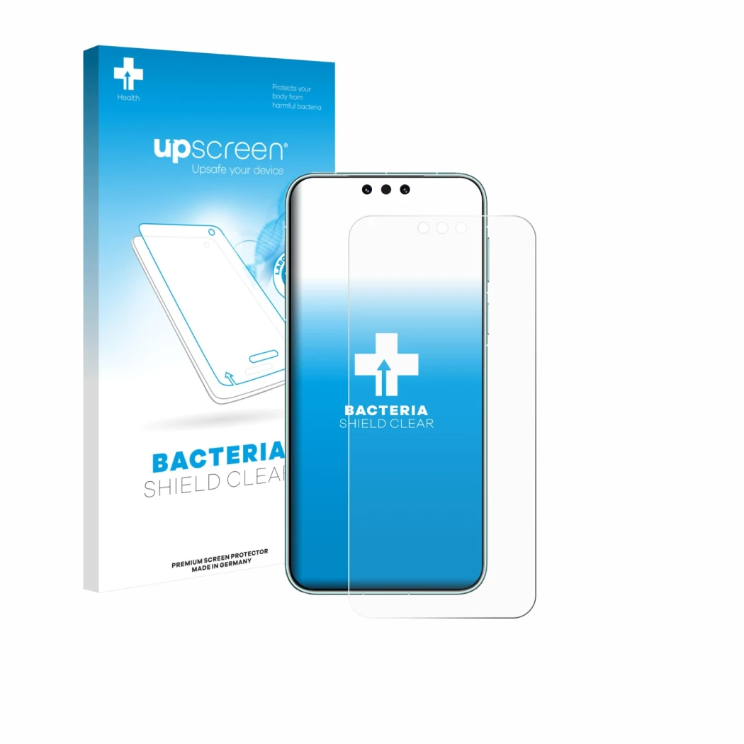 Parte frontal de un envase de producto con el logotipo de la marca upscreen. Al lado se muestra el dispositivo Huawei Mate 80 
