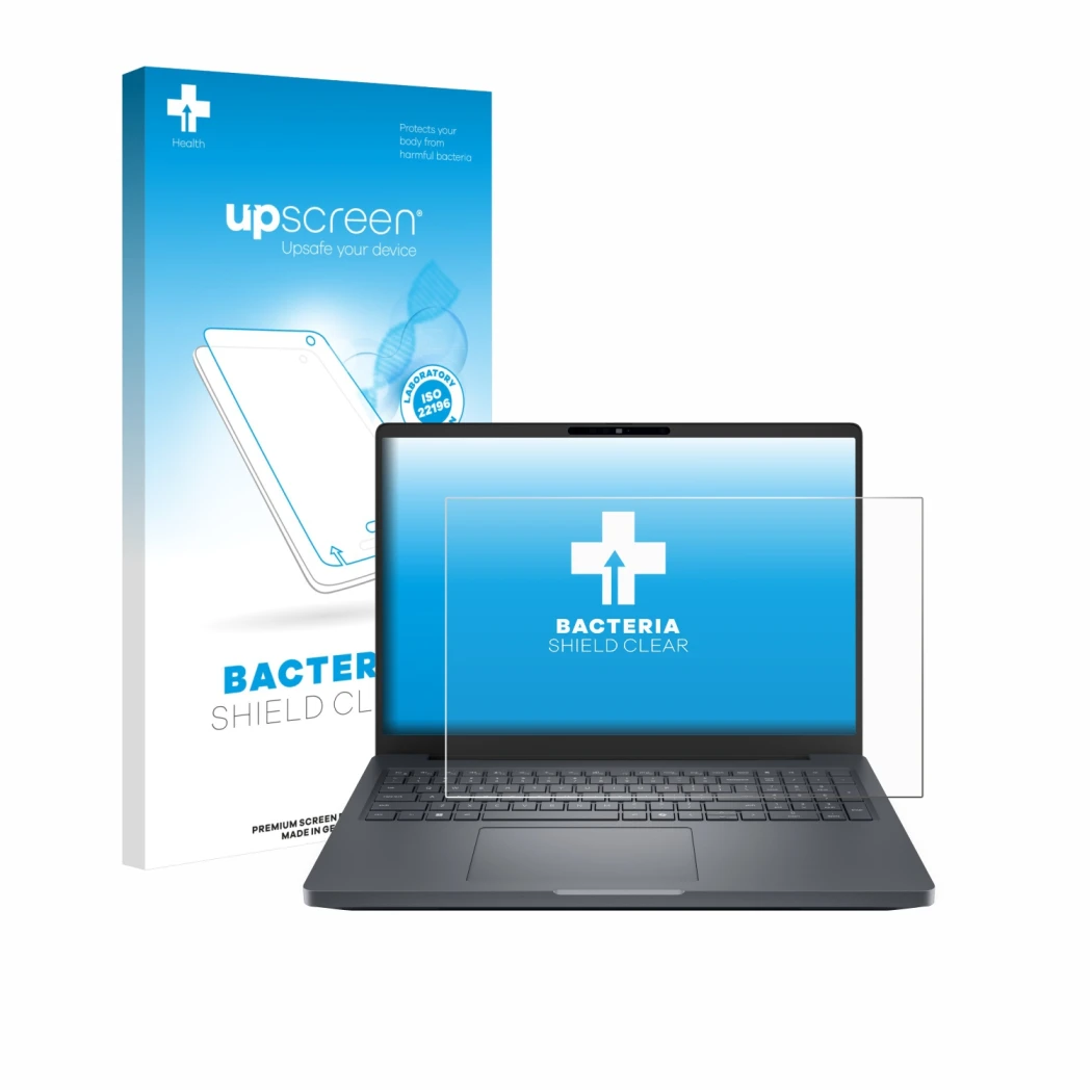 Parte frontal de un envase de producto con el logotipo de la marca upscreen. Al lado se muestra el dispositivo Dell Pro Max 16