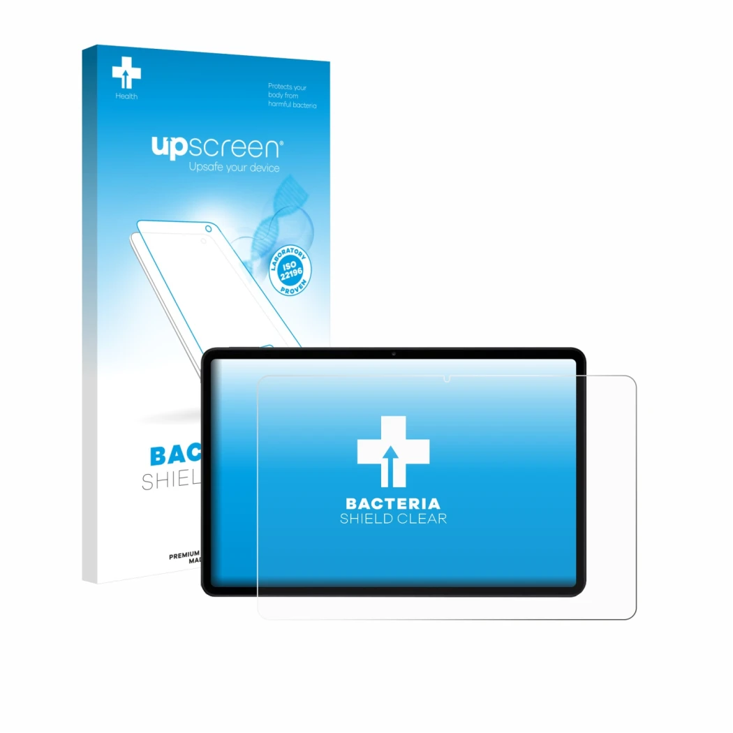 Parte frontal de un envase de producto con el logotipo de la marca upscreen. Al lado se muestra el dispositivo Xiaomi Poco Pad