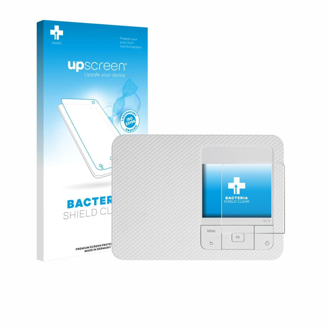 Parte frontal de un envase de producto con el logotipo de la marca upscreen. Al lado se muestra el dispositivo Canon Selphy CP