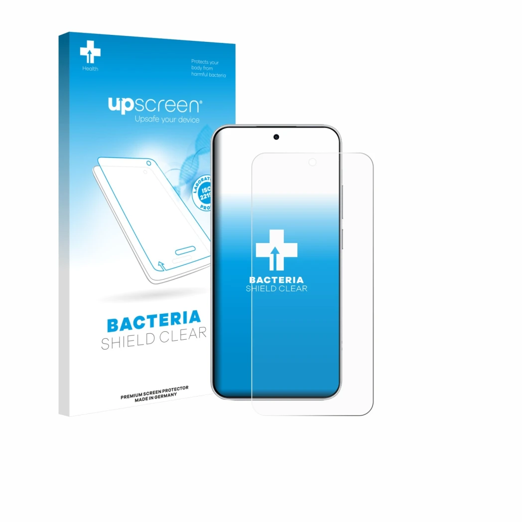 Parte frontal de un envase de producto con el logotipo de la marca upscreen. Al lado se muestra el dispositivo Xiaomi Redmi No