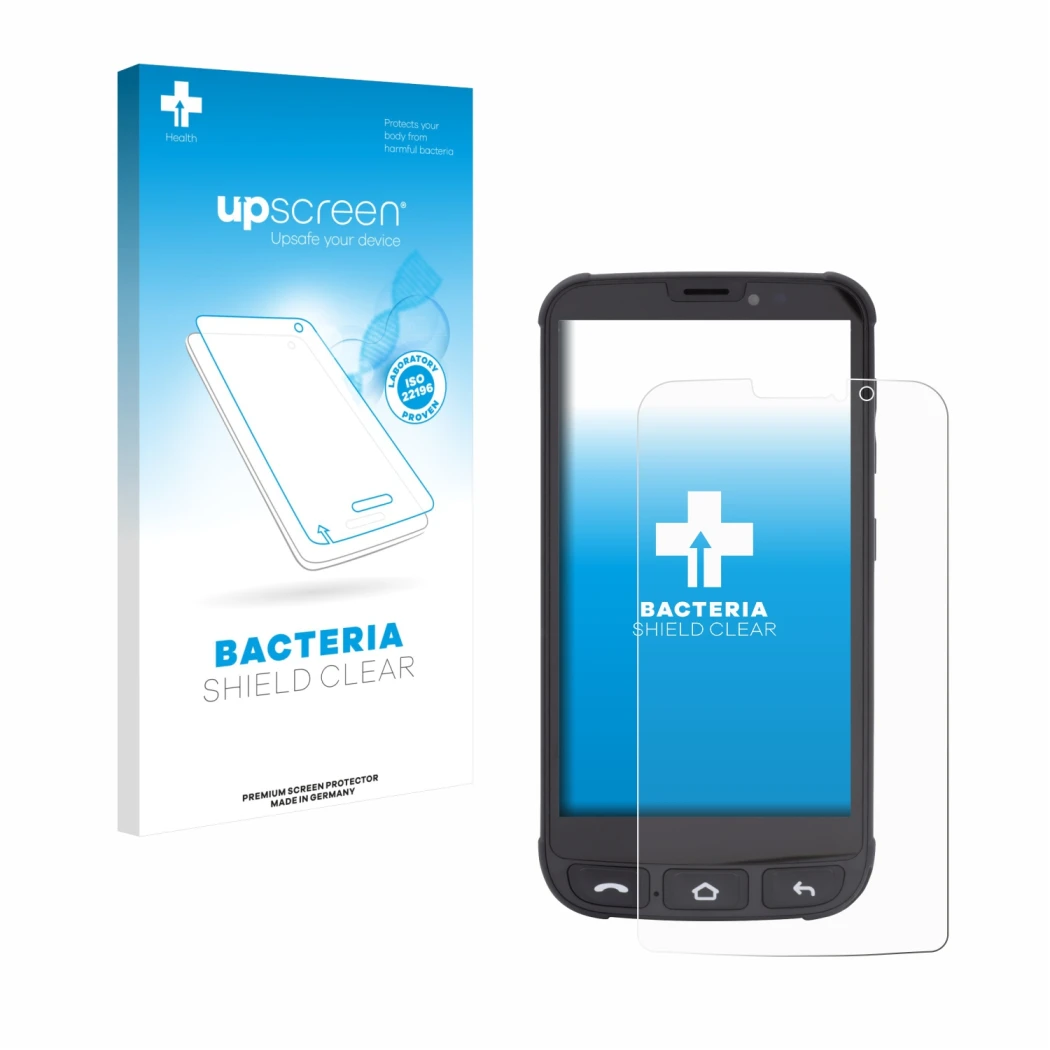 Parte frontal de un envase de producto con el logotipo de la marca upscreen. Al lado se muestra el dispositivo Olympia Neo Min