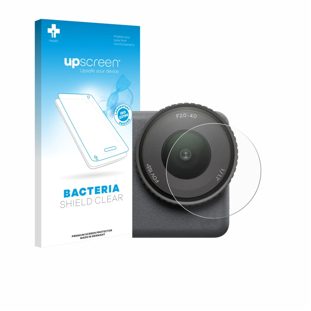 Parte frontal de un envase de producto con el logotipo de la marca upscreen. Al lado se muestra el dispositivo DJI Osmo Action