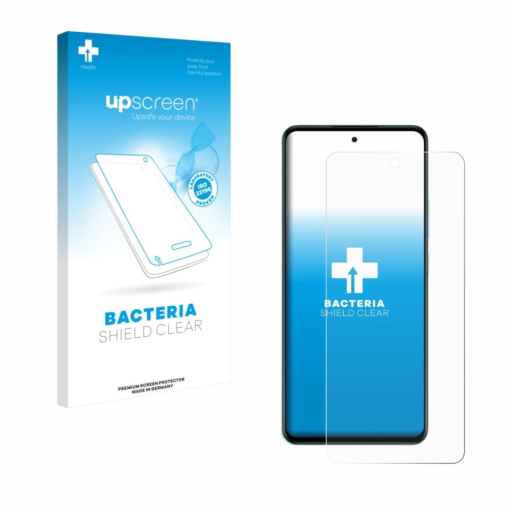 Parte frontal de un envase de producto con el logotipo de la marca upscreen. Al lado se muestra el dispositivo Oppo A5 con su