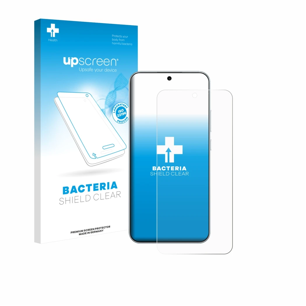 Parte frontal de un envase de producto con el logotipo de la marca upscreen. Al lado se muestra el dispositivo Oppo A6 Pro 4G 