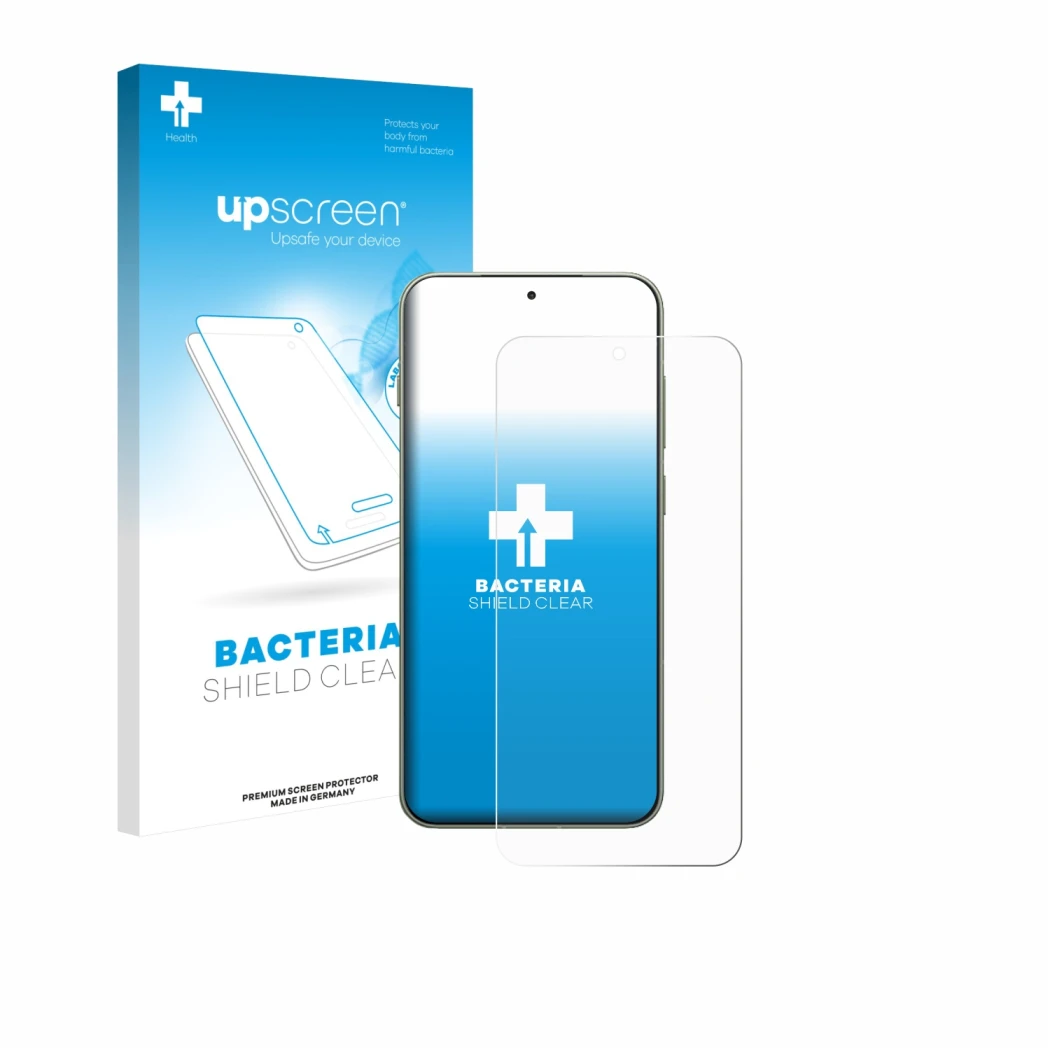 Parte frontal de un envase de producto con el logotipo de la marca upscreen. Al lado se muestra el dispositivo OnePlus 13T con