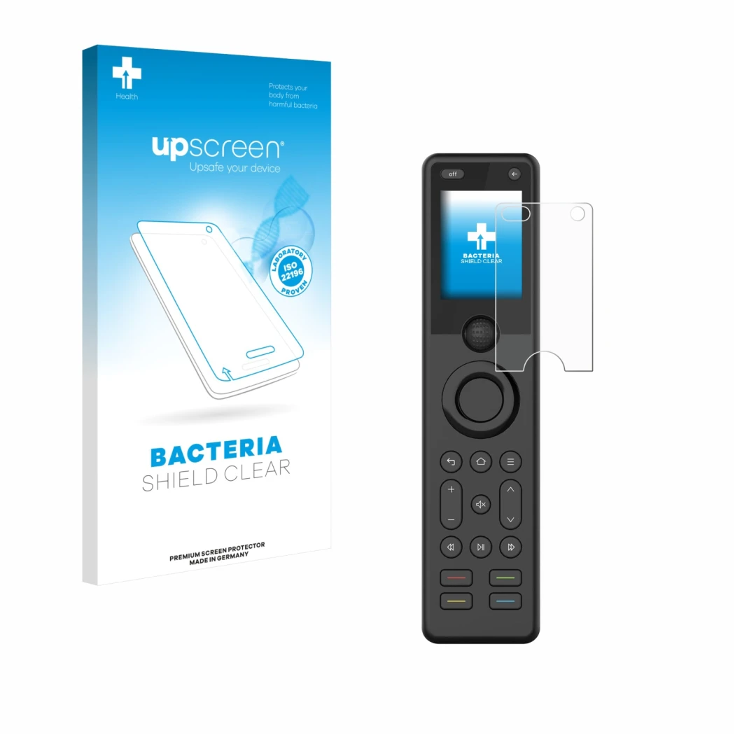 Parte frontal de un envase de producto con el logotipo de la marca upscreen. Al lado se muestra el dispositivo Sofabaton X1S c