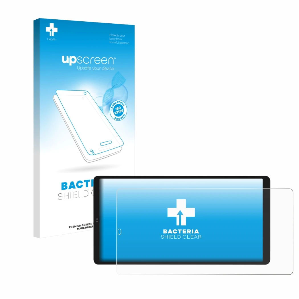 Parte frontal de un envase de producto con el logotipo de la marca upscreen. Al lado se muestra el dispositivo Shelly Wall Dis