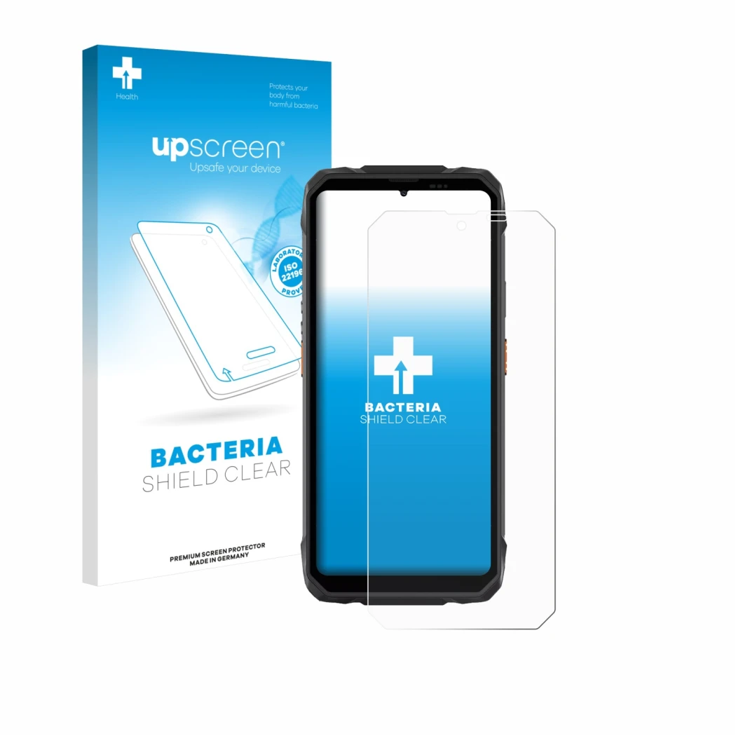 Parte frontal de un envase de producto con el logotipo de la marca upscreen. Al lado se muestra el dispositivo Blackview Rock