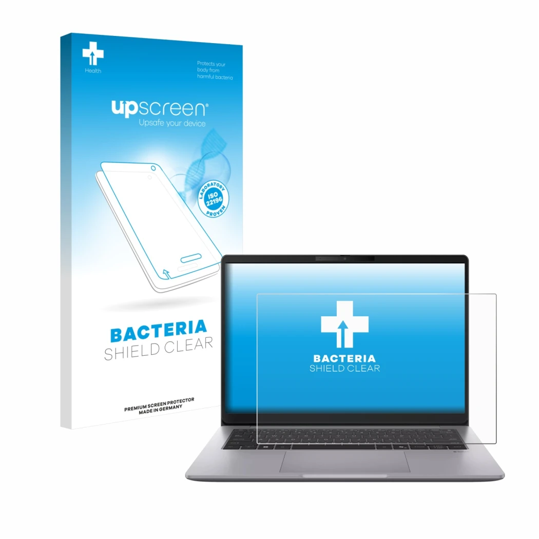 Parte frontal de un envase de producto con el logotipo de la marca upscreen. Al lado se muestra el dispositivo ASUS ExpertBook