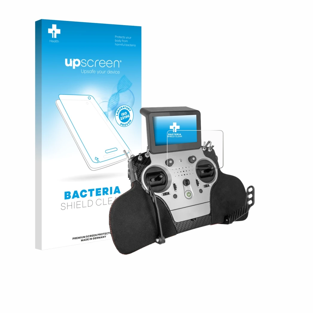 Parte frontal de un envase de producto con el logotipo de la marca upscreen. Al lado se muestra el dispositivo PowerBox System