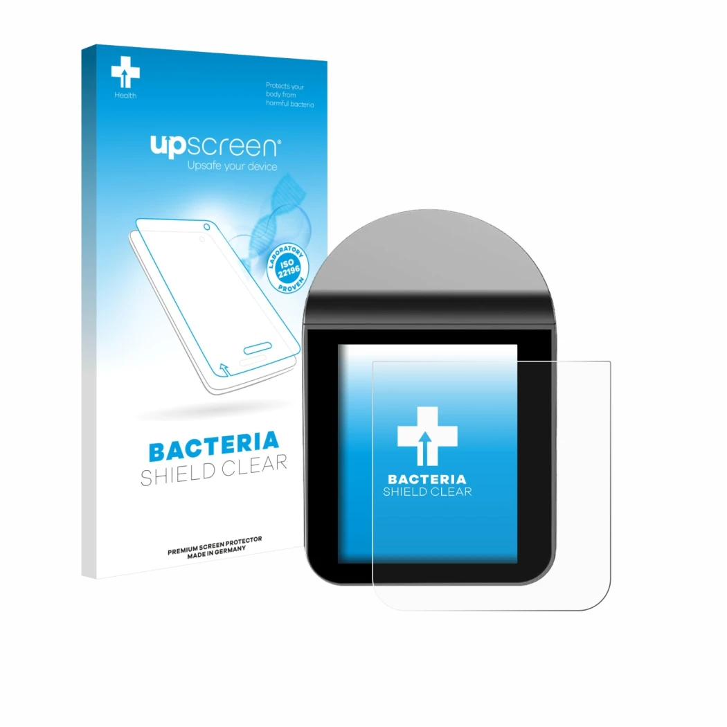 Parte frontal de un envase de producto con el logotipo de la marca upscreen. Al lado se muestra el dispositivo KitchenBoss G33