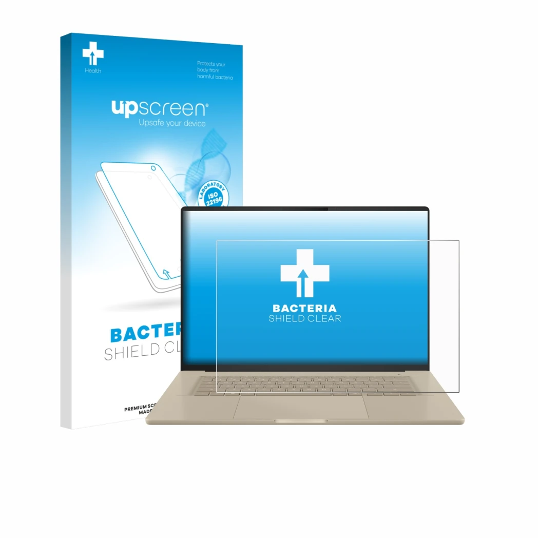 Parte frontal de un envase de producto con el logotipo de la marca upscreen. Al lado se muestra el dispositivo ASUS ZenBook A1