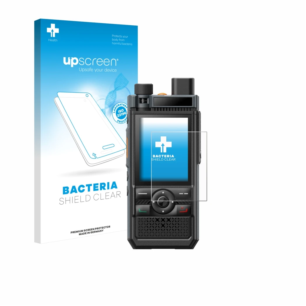 Parte frontal de un envase de producto con el logotipo de la marca upscreen. Al lado se muestra el dispositivo Hytera P50 con