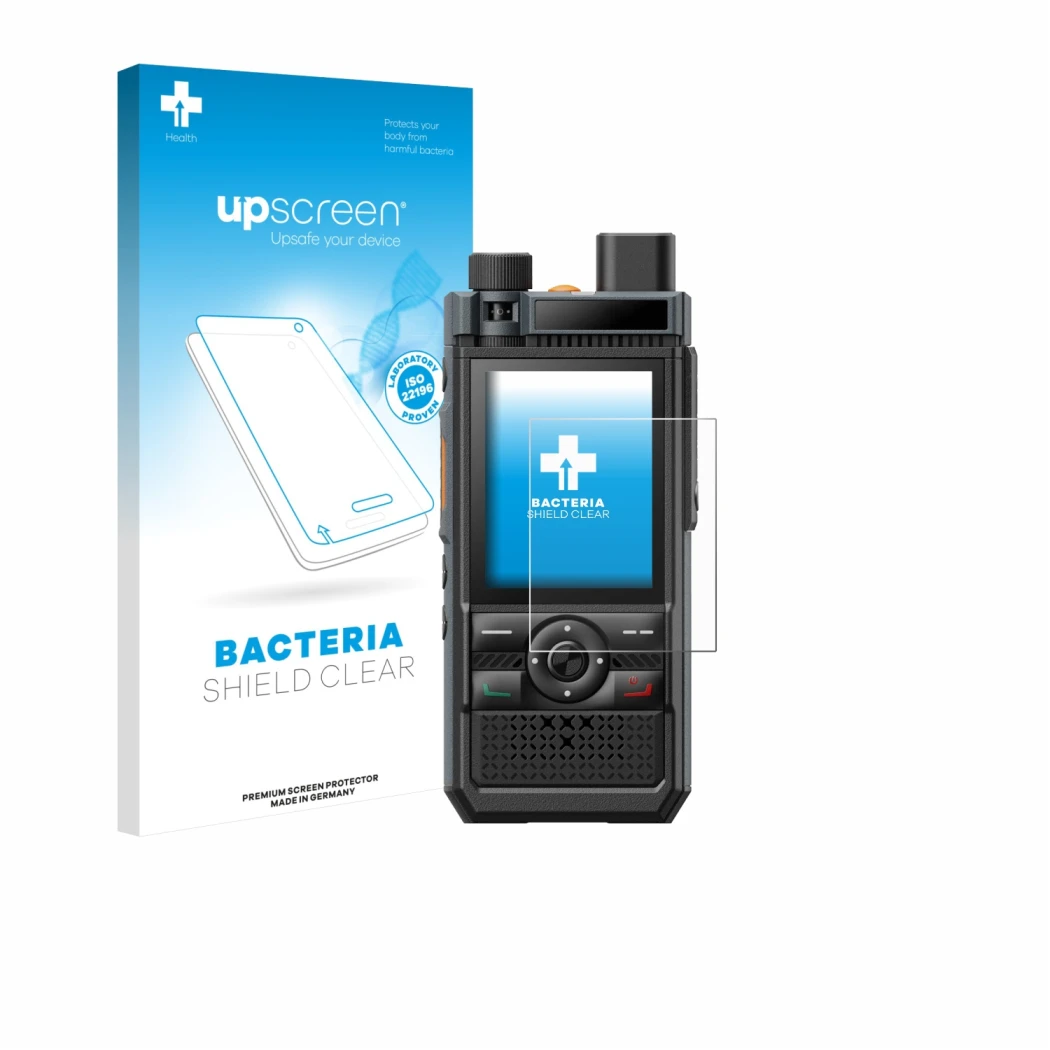 Parte frontal de un envase de producto con el logotipo de la marca upscreen. Al lado se muestra el dispositivo Hytera P50 Pro