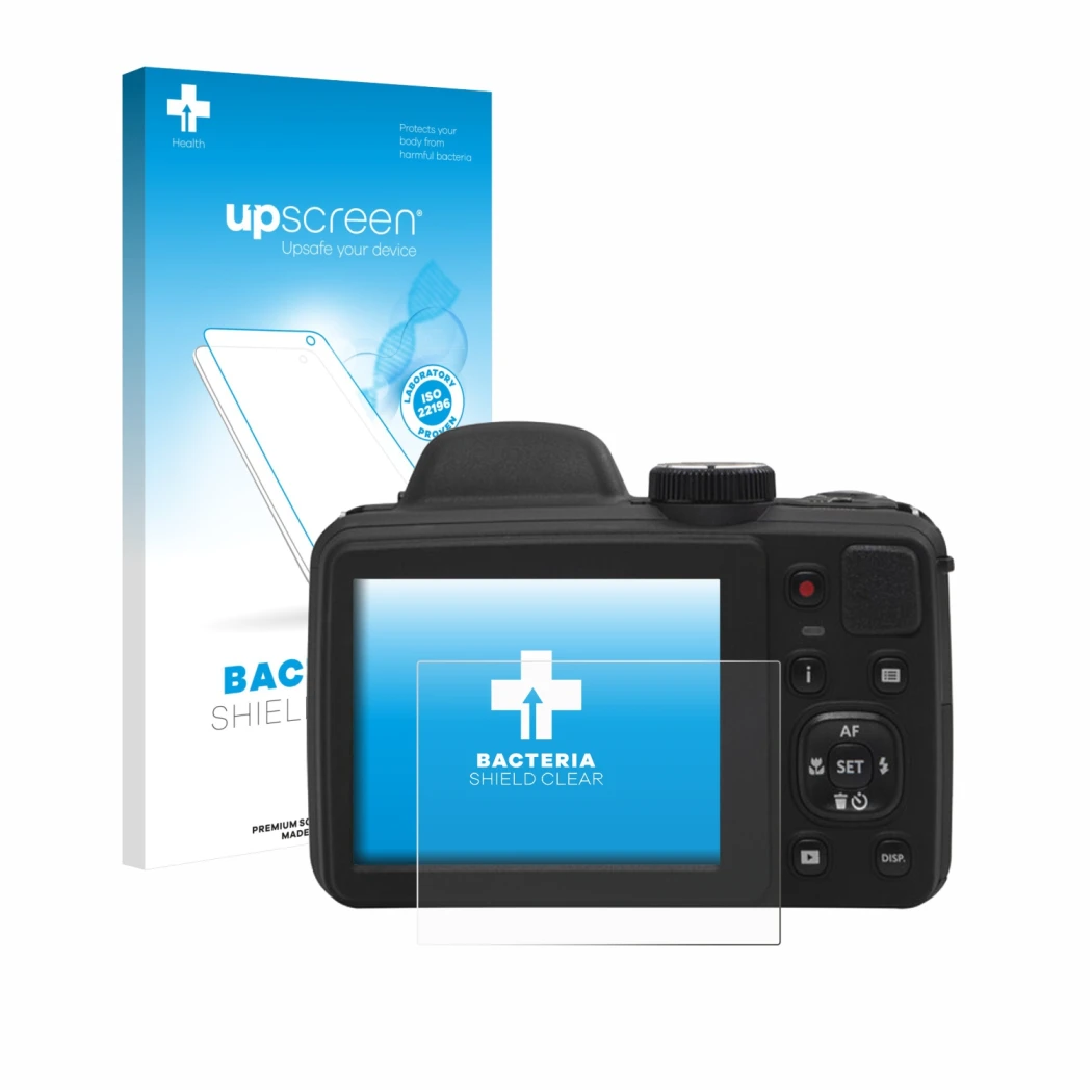 Parte frontal de un envase de producto con el logotipo de la marca upscreen. Al lado se muestra el dispositivo Kodak Pixpro AZ