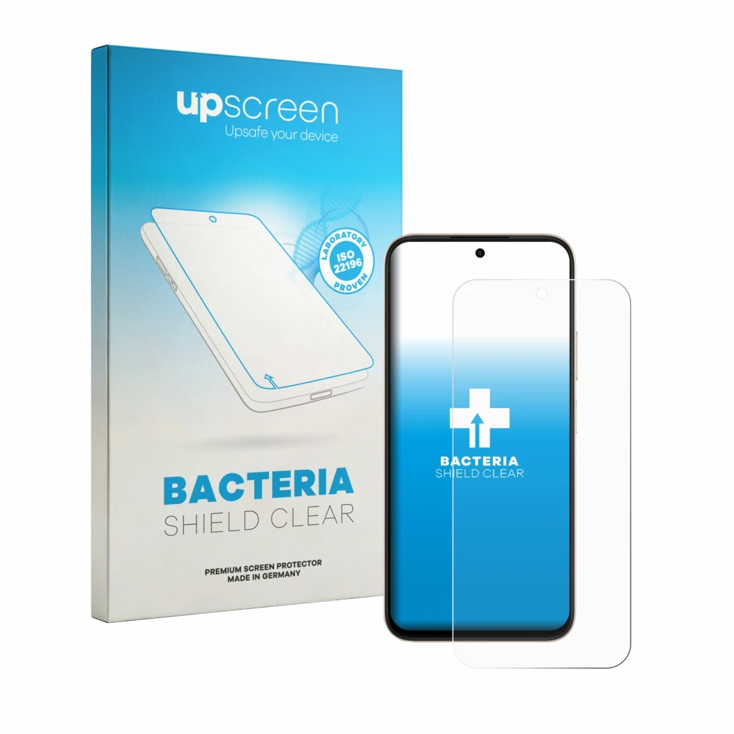 Parte frontal de un envase de producto con el logotipo de la marca upscreen. Al lado se muestra el dispositivo Oppo A6 con su