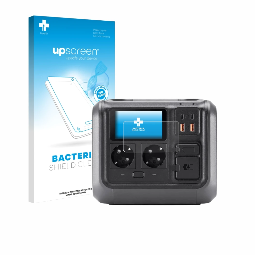 Parte frontal de un envase de producto con el logotipo de la marca upscreen. Al lado se muestra el dispositivo DJI Power 500 c