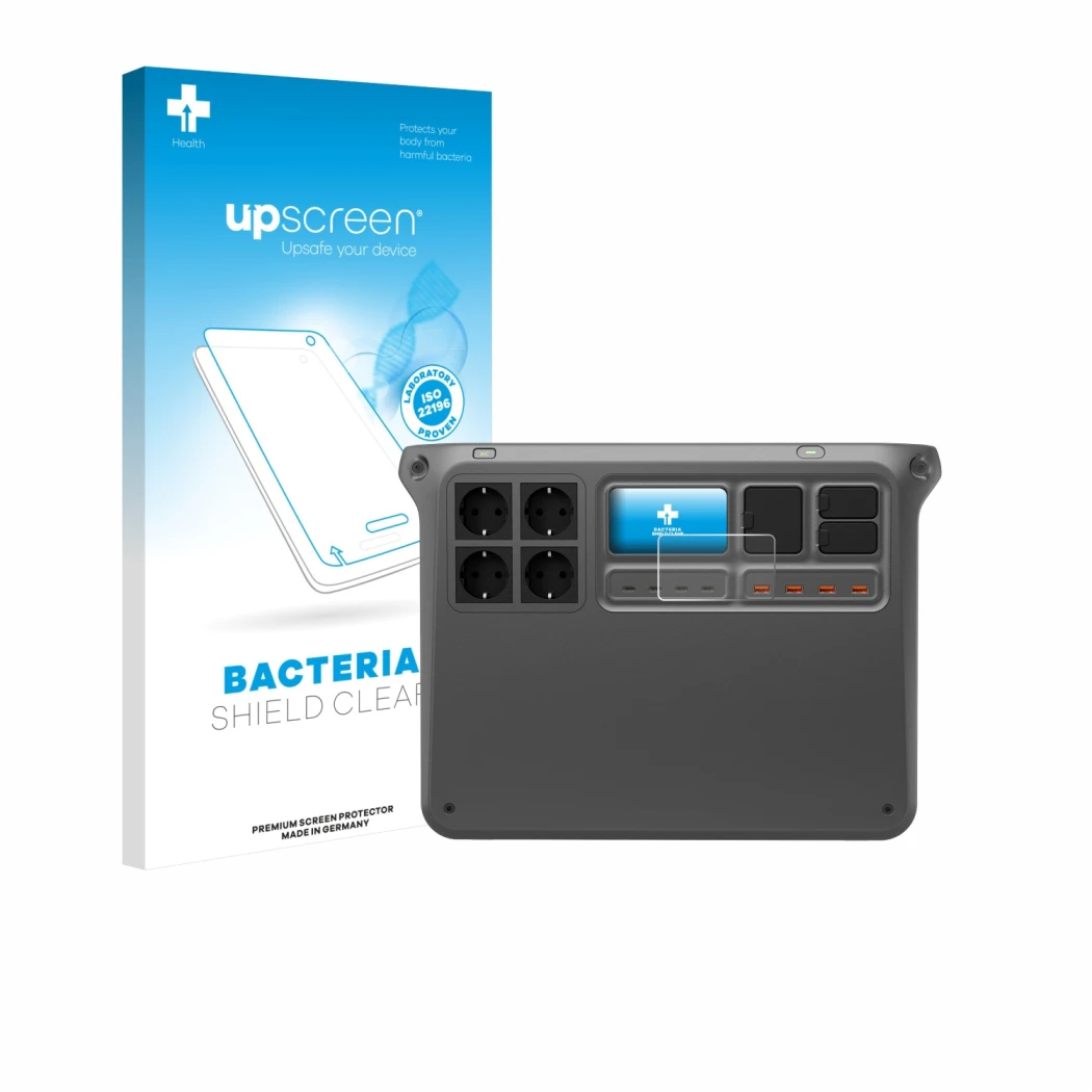 Parte frontal de un envase de producto con el logotipo de la marca upscreen. Al lado se muestra el dispositivo DJI Power 2000 