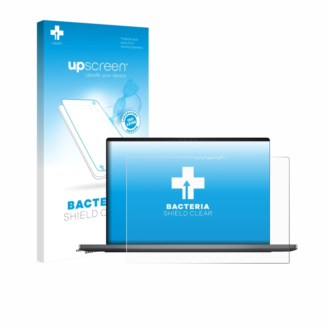 Parte frontal de un envase de producto con el logotipo de la marca upscreen. Al lado se muestra el dispositivo Dell XPS 14 DA1