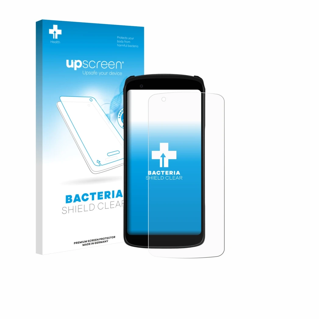 Parte frontal de un envase de producto con el logotipo de la marca upscreen. Al lado se muestra el dispositivo Zebra TC22R con