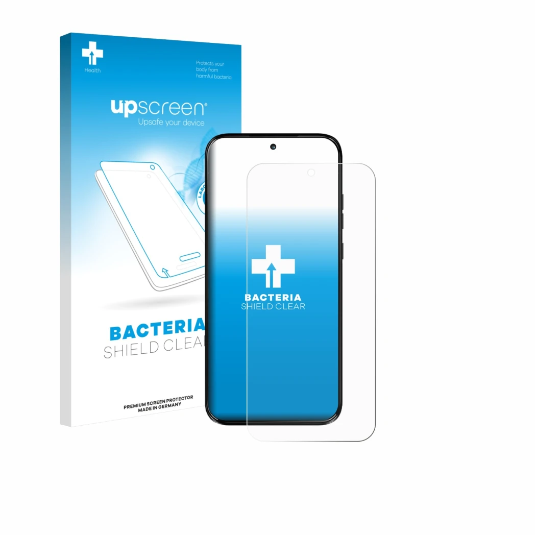 Parte frontal de un envase de producto con el logotipo de la marca upscreen. Al lado se muestra el dispositivo Motorola Moto G