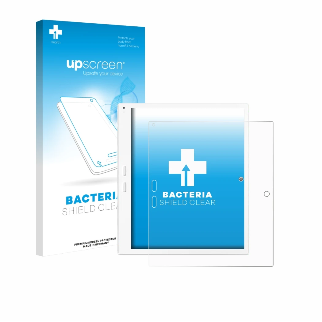 Parte frontal de un envase de producto con el logotipo de la marca upscreen. Al lado se muestra el dispositivo Bigme B10 10.3