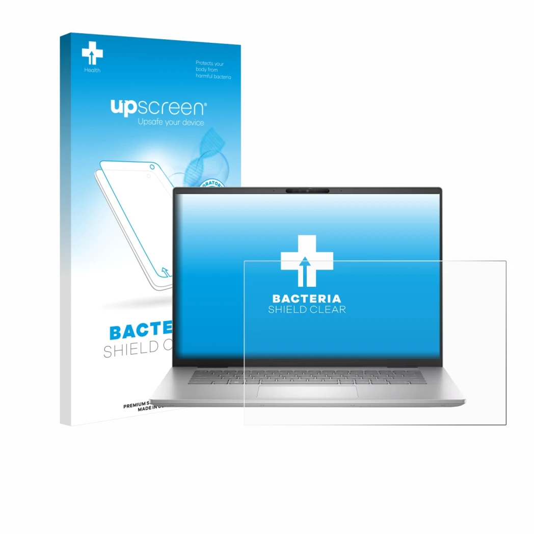 Parte frontal de un envase de producto con el logotipo de la marca upscreen. Al lado se muestra el dispositivo Dell Inspiron 1