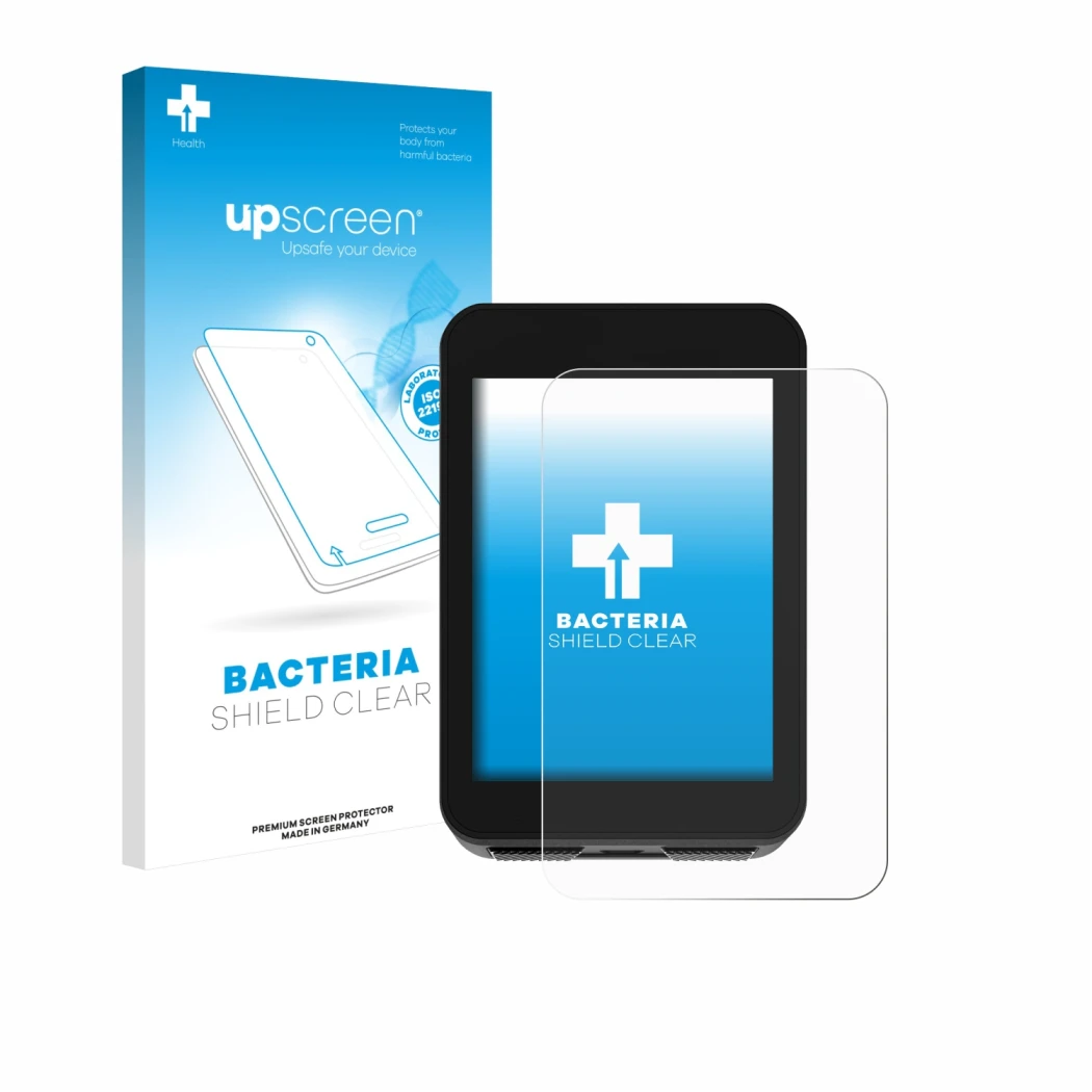 Parte frontal de un envase de producto con el logotipo de la marca upscreen. Al lado se muestra el dispositivo Bikevee BKV310A