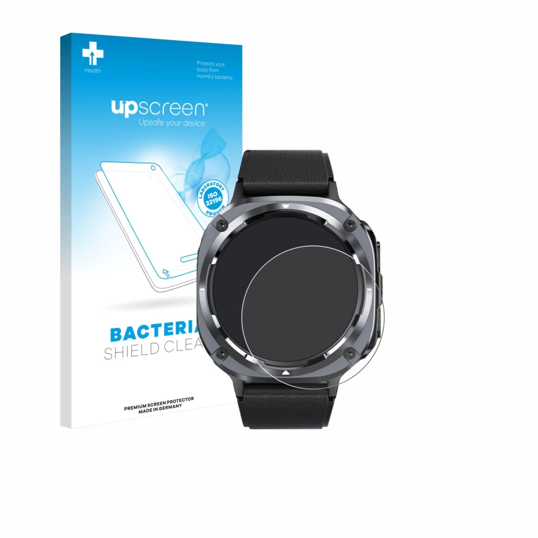 Parte frontal de un envase de producto con el logotipo de la marca upscreen. Al lado se muestra el dispositivo TIMU S90 1.45