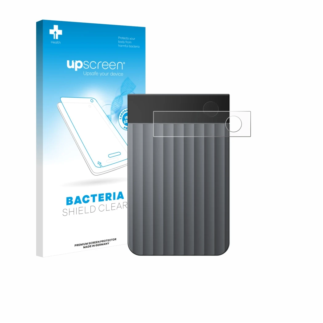 Parte frontal de un envase de producto con el logotipo de la marca upscreen. Al lado se muestra el dispositivo PLAUD Note Pro 