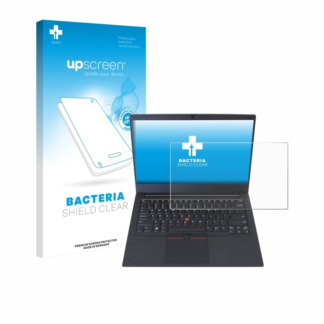 Parte frontal de un envase de producto con el logotipo de la marca upscreen. Al lado se muestra el dispositivo Lenovo ThinkPad