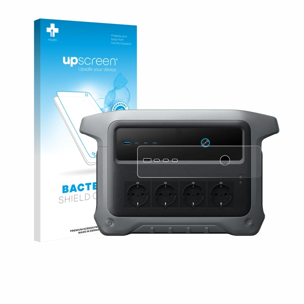 Parte frontal de un envase de producto con el logotipo de la marca upscreen. Al lado se muestra el dispositivo Anker SOLIX C10