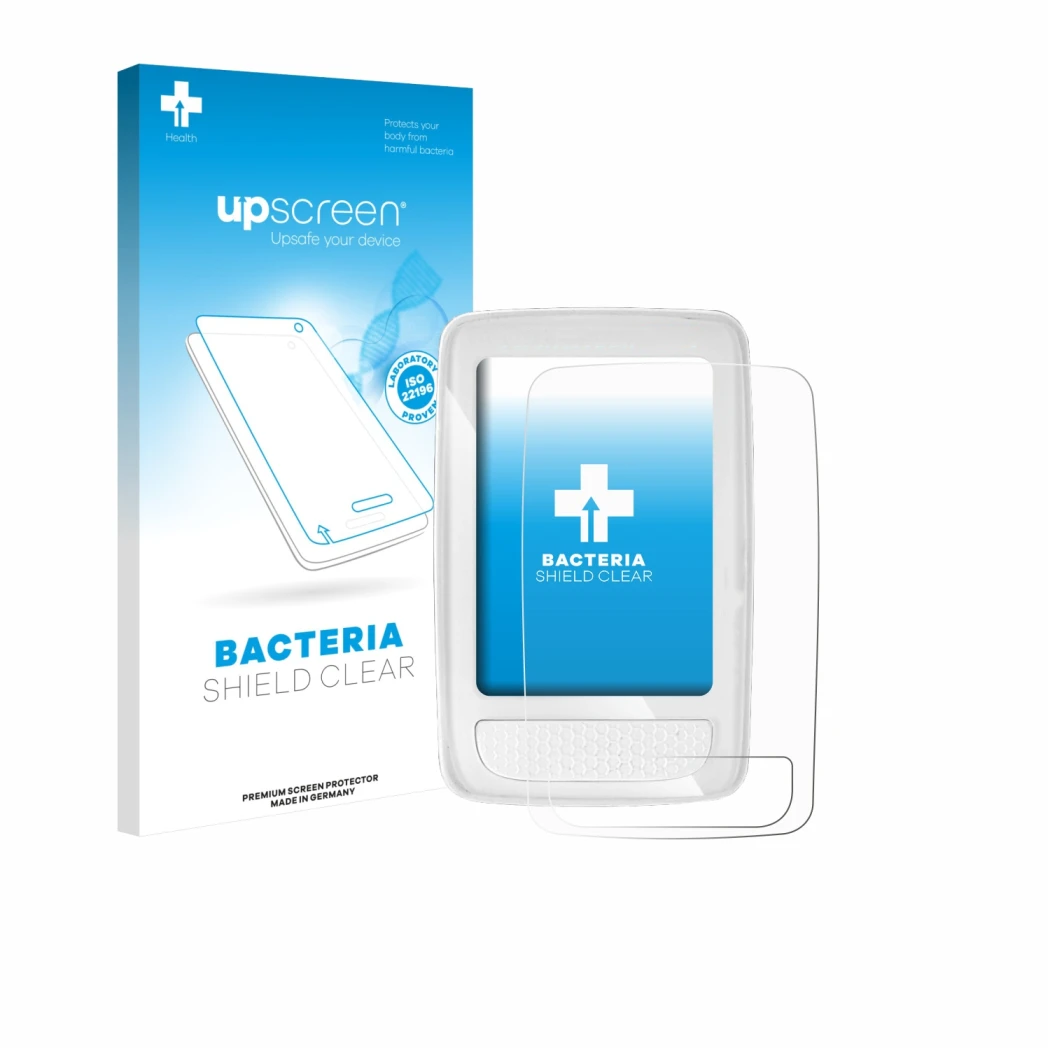 Parte frontal de un envase de producto con el logotipo de la marca upscreen. Al lado se muestra el dispositivo Giant Axact 14W