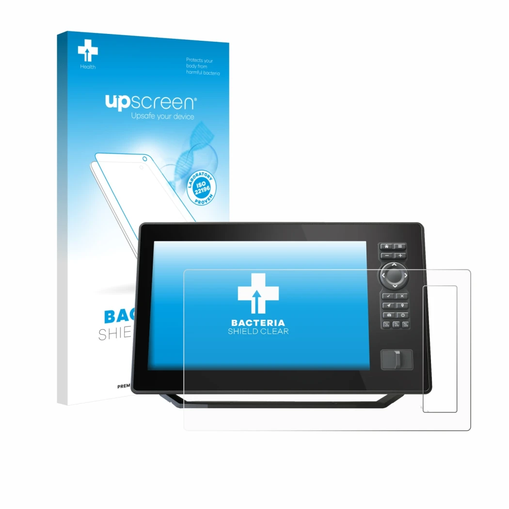 Parte frontal de un envase de producto con el logotipo de la marca upscreen. Al lado se muestra el dispositivo Humminbird Xplo